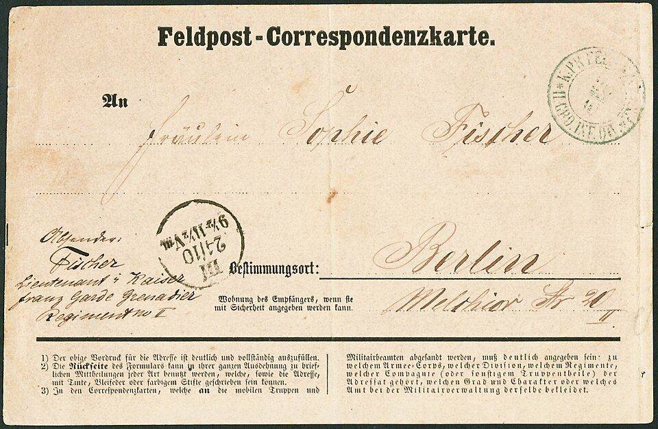 Preußische Feldpostkarte vom 20. Oktober 1870 mit Stempel der Feldpost und Berliner Anschrift