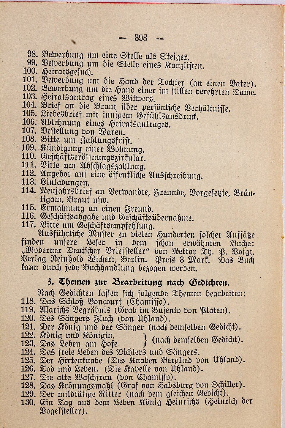 Buchseite in Frakturschrift mit einer Liste von Aufsatzthemen, darunter Heiratsgesuch und Brief an die Braut