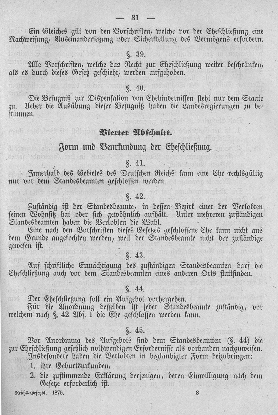 Seite des Reichsgesetzblatts mit dem Paragrafen über die Eheschließung vor dem Standesbeamten