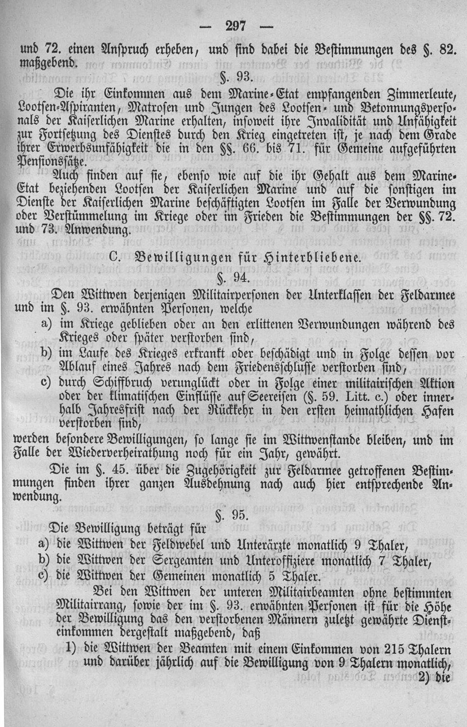 Seite aus dem Reichsgesetzblatt 1871 mit den Bestimmungen über die Witwen der Mannschaften