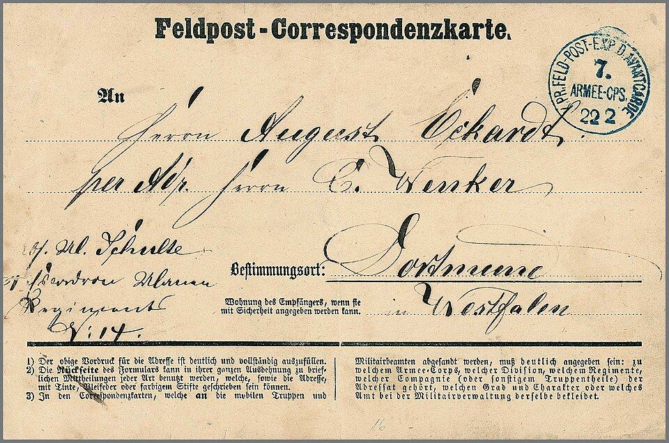 Vorgedruckte Feldpost-Correspondenzkarte aus dem Deutsch-Französischen Krieg 1870/71